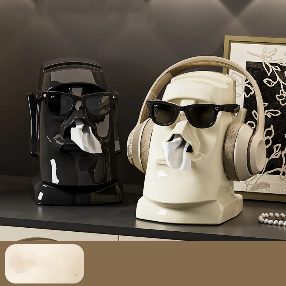 Moai Statue Tissue Box Holder 3in1 Headphone Stand & Sunglasses Holder Creative Easter Island Head Desktop Organizer for Home
