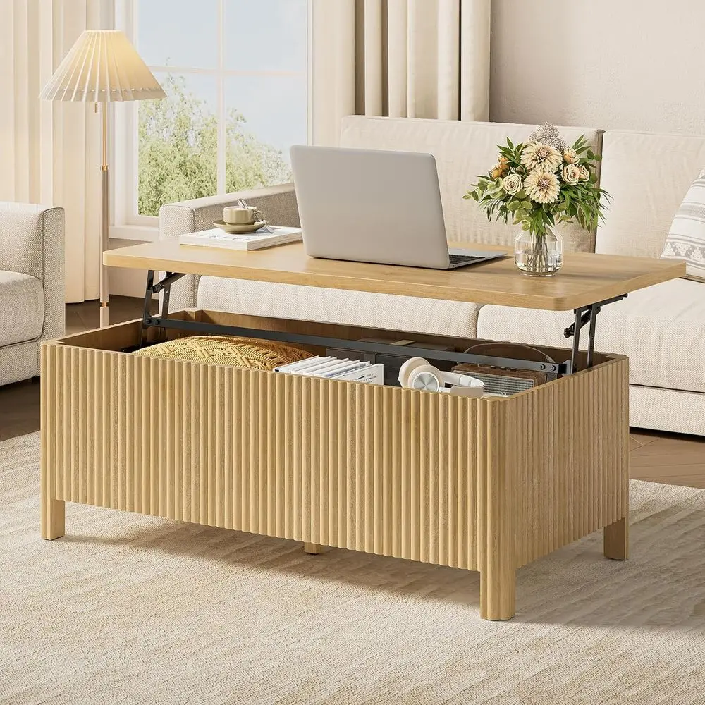 

Mid-Century Modern Coffee Table with Storage, Natural Oak Finish, Rounded Edges for Living Room/Home Office