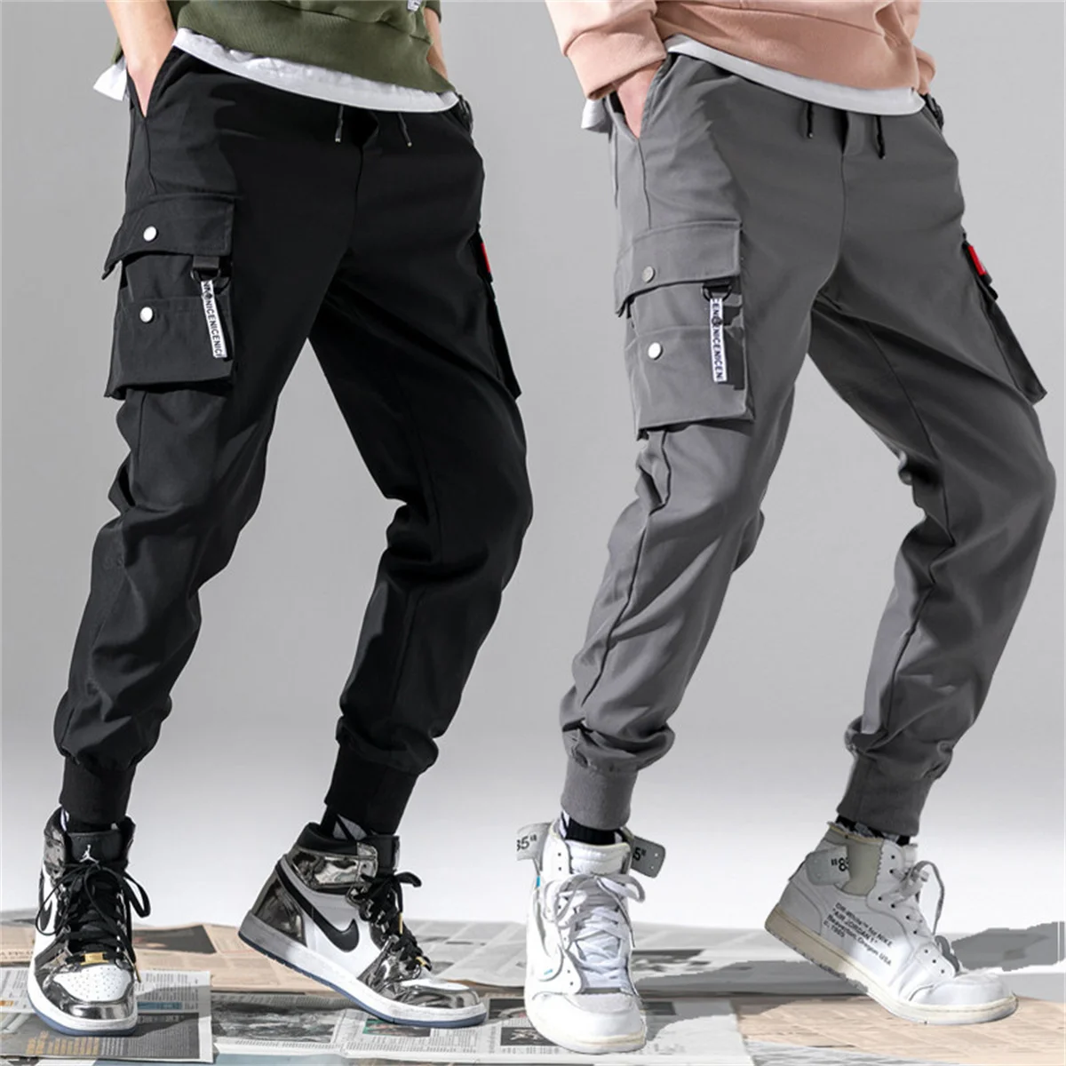 Men Black Cool Cargo Pants Pockets Gray Loose Out Door Elasticity Sports Oversize Kpop High Street Korean Pants Streetwear