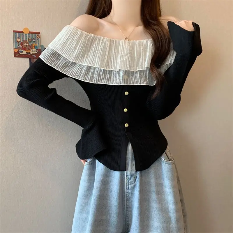 Korean Button Women Pullover Elegant Casual Slash Neck Flare Lace Patchwork Vintage Long Sleeve Jumpers Ladies Tee Basic Top