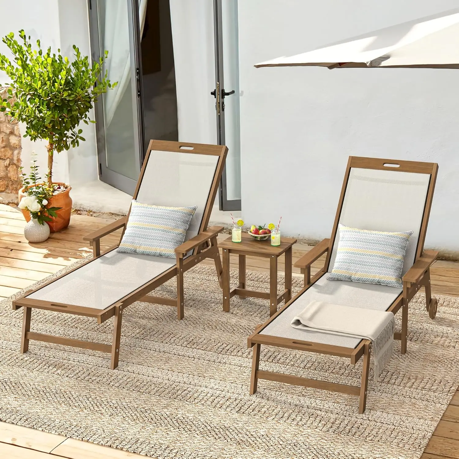 5-position Adjustable back, armrest, wheels, all weather HDPS frame & HDPE wicker seat, 200/240 lbs, pool lounger for patio