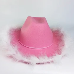 Gorgeous Fluffy Feather Brim Cowboy Hat Wide Brim Pink Cowgirl Hat All-match For Mardi Gras Rave Playing Dress Up