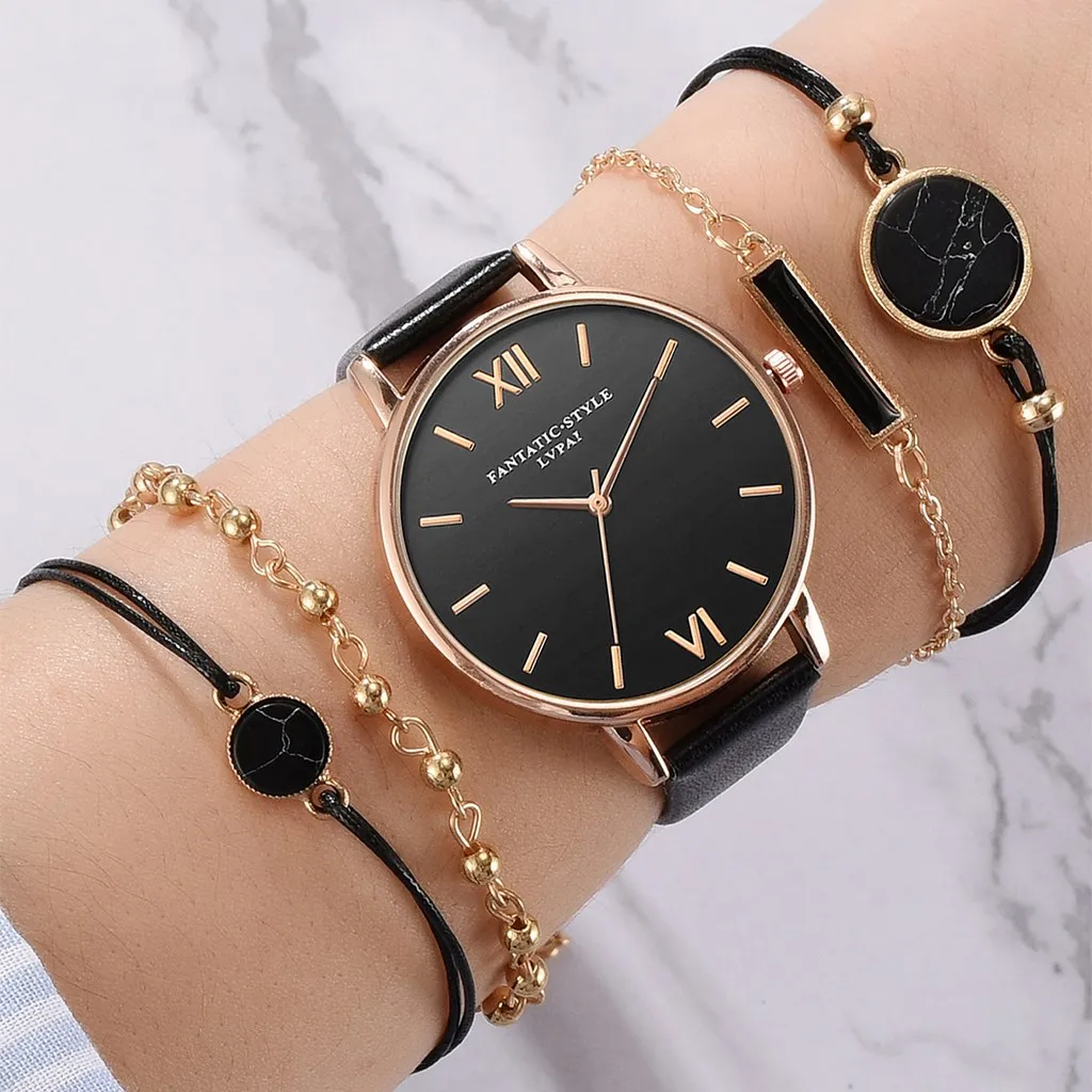 5pcs Set Top Style Fashion Women\'s Luxury Leather Band Analog Quartz WristWatch Ladies Watch Women Dress Reloj Mujer Black Clock