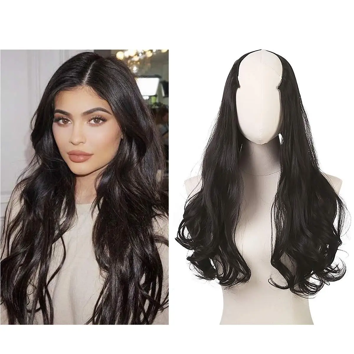 

Women's long wavy big curls U-shaped synthetic wig, loose natural long straight hair, one-piece wig for daily wear
