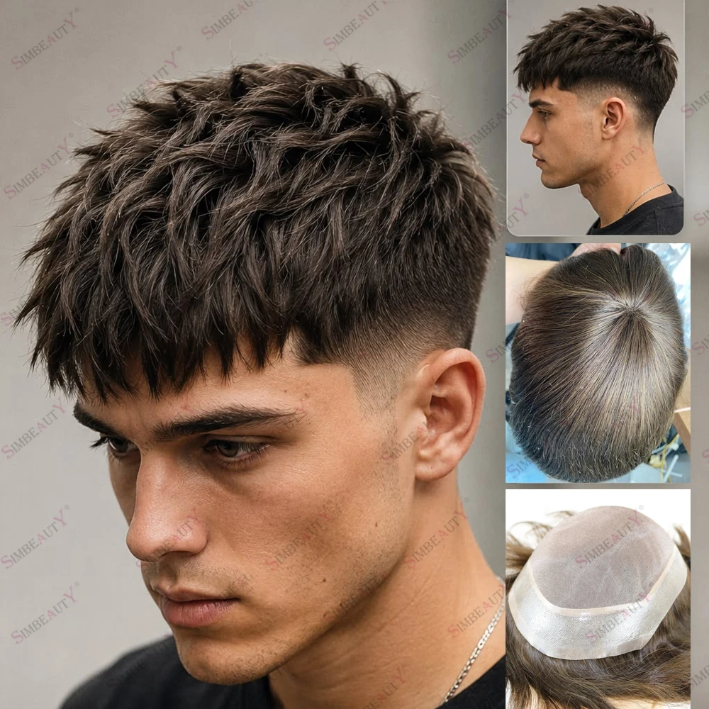 European Hairloss Men Human Hair Toupee Ventilated Mono Lace Poly Skin Natural Hairline Easy Wear Hairpieces for Bald Man Virgin