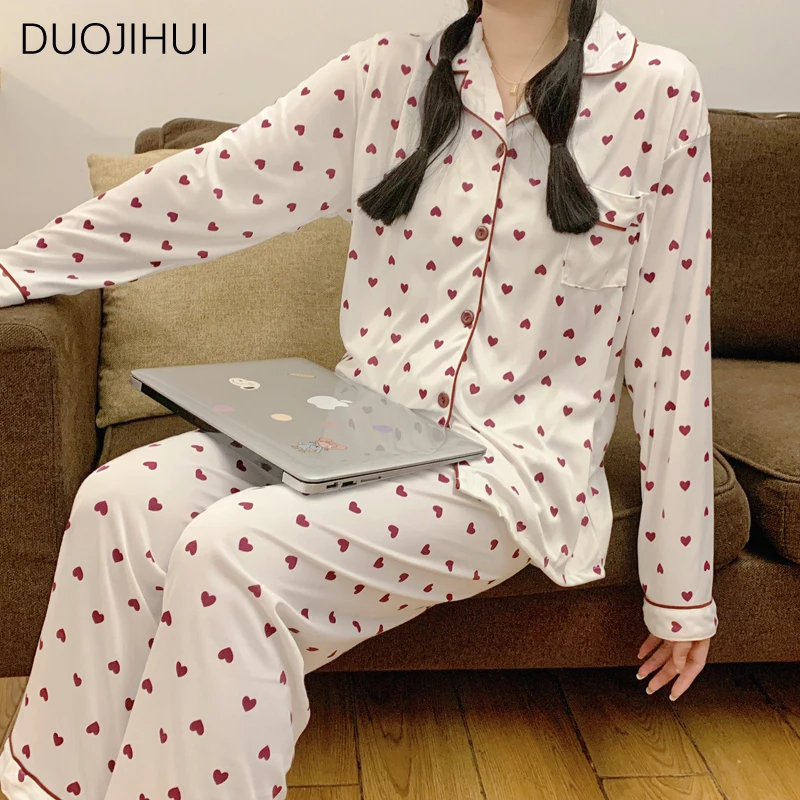 Duojihui Koreaanse Zoete Print Casual Huis Pyjama Voor Vrouwen Lente Chique Knoop Vest Eenvoudige Broek Mode Dames Pyjama Sets