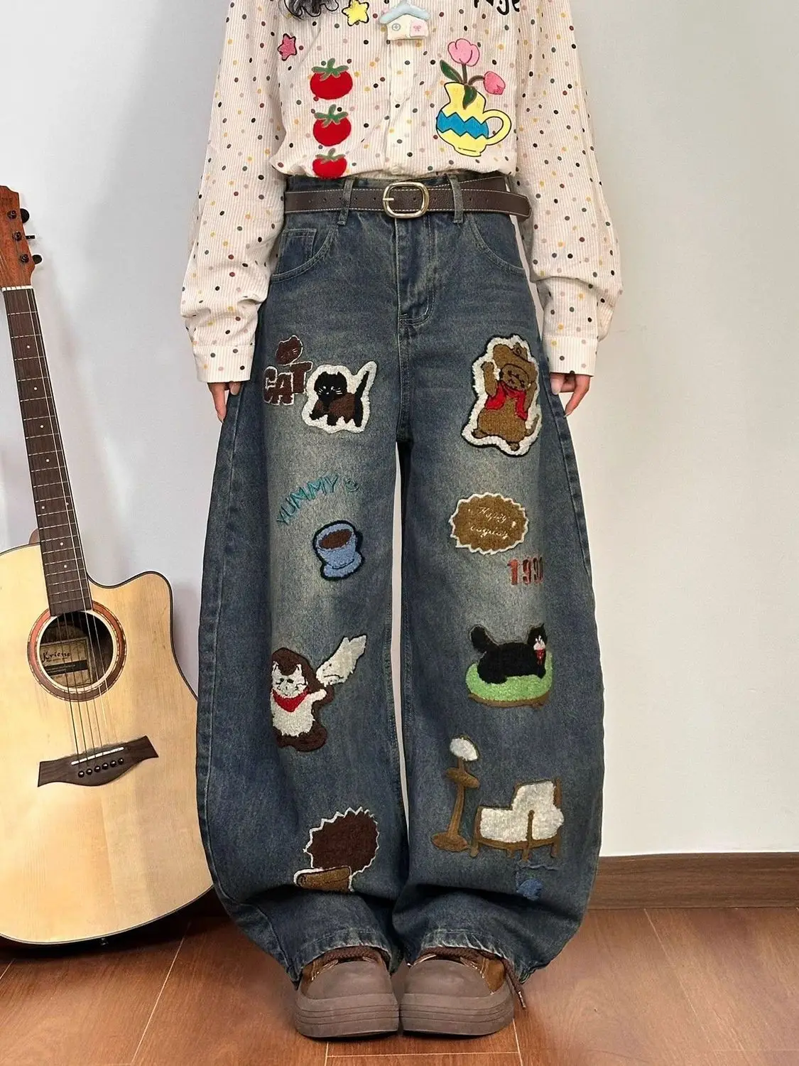 Washed Denim Pants American Fashion High-End Cartoon Embroidery Personality Casual Floor-Length Wide Leg Jeans Men Women