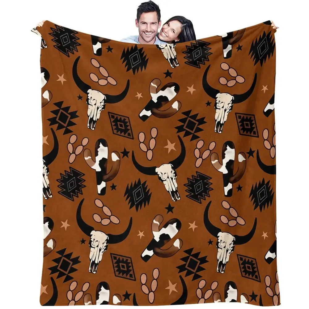 Western Cow Skull Cactus Print Blanket Flannel Blanket Throw Blanket Warm Blanket Gift Blanket Rustic Farm Sofa Nap Warm Cover