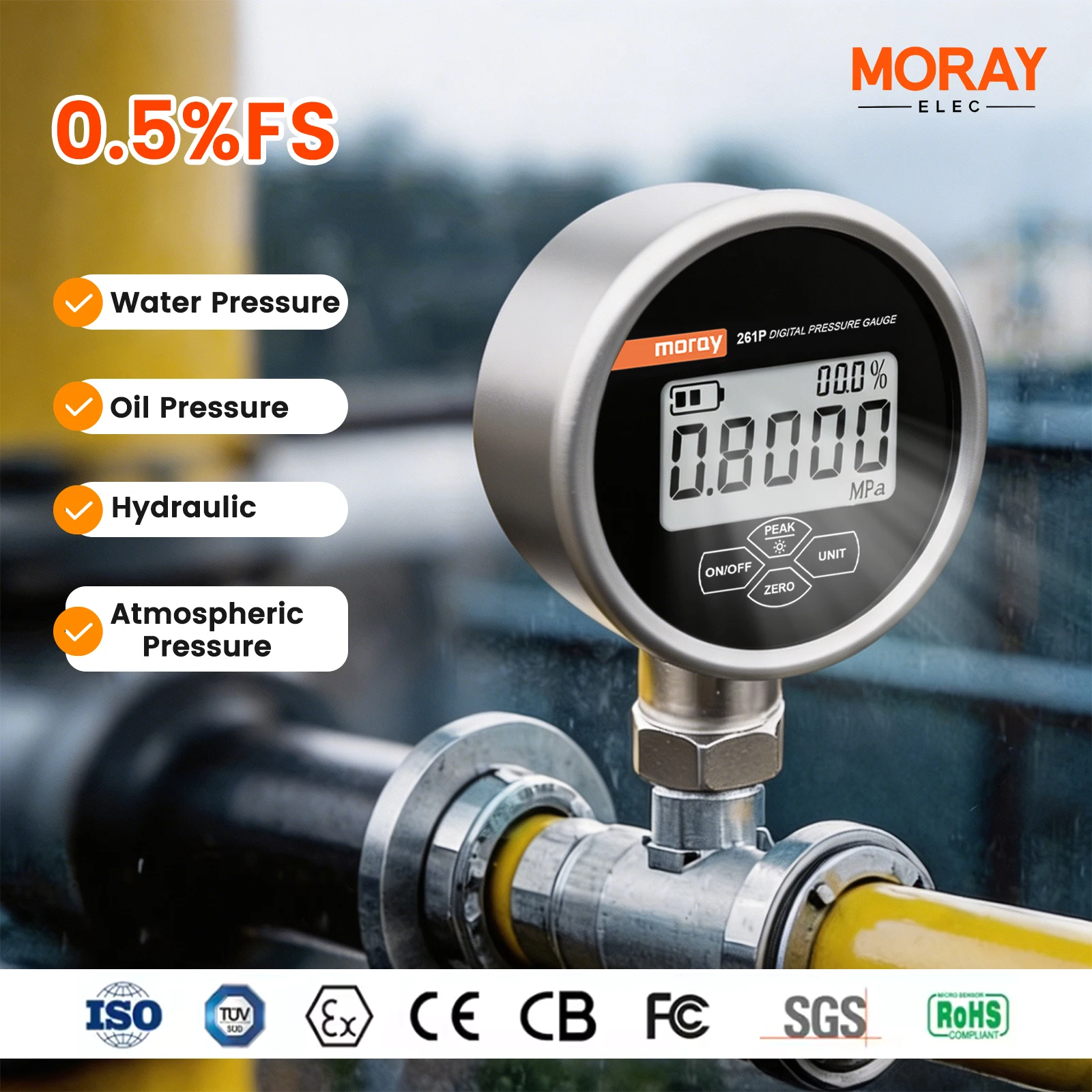 

Moray ME261P Digital Air Pressure Gauge, Five-Digit Resolution, Pressure Gauge, Stainless Steel Material