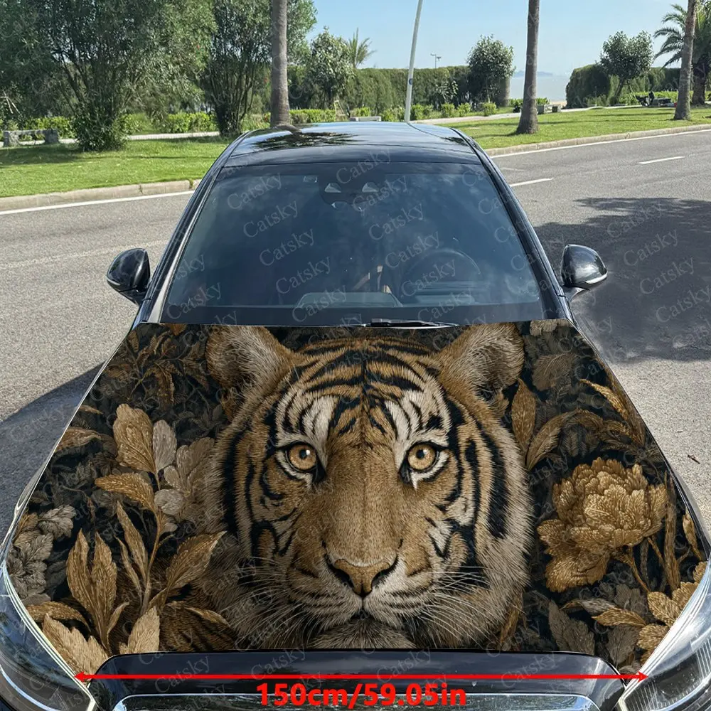 Luxury Gilded Tiger & Flower Art Car Cover Sticker, Auto Hood Decal, Car Exterior Scratch Resistant Decal, Trendy Gift for Car L