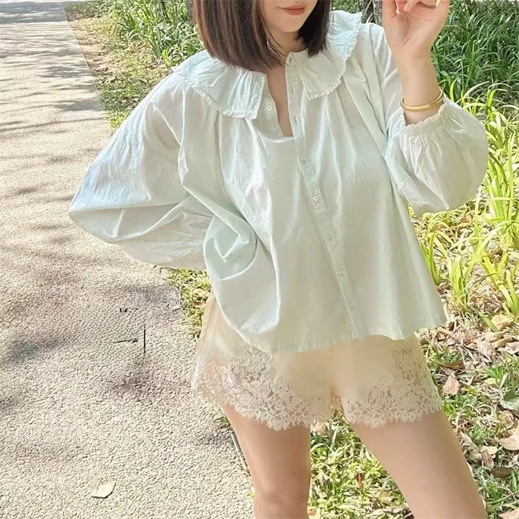 Susan French Sle Loose Fit Long Sve Cotton Lace Trim irt Top casual versatile in cotone sottile per giovani donne