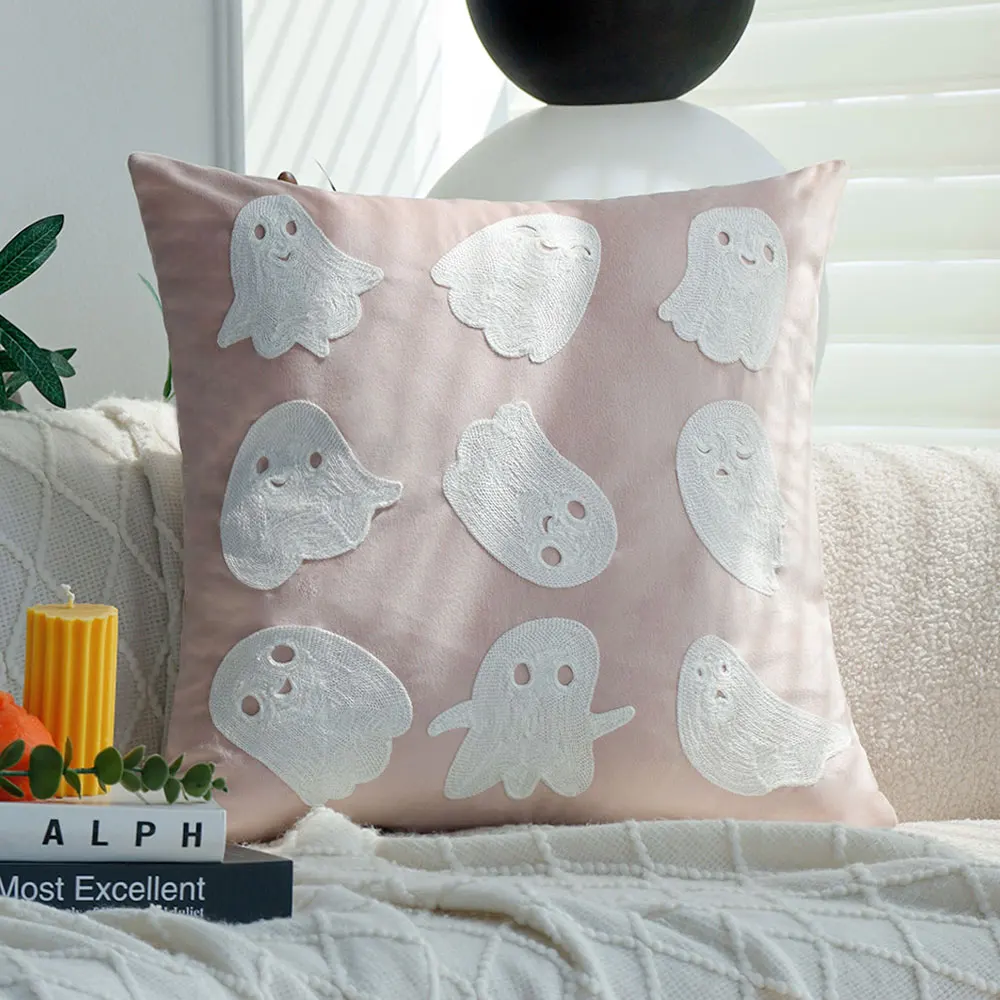 Pink Cute Little Ghost Halloween Embroidery Decorative Cushion Cover  Festival Home Decor Living Room Sofa Throw Pillow Cover