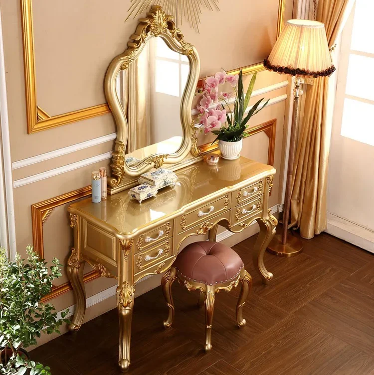 European Solid Wood Dressing Table French Dressing Table Champagne Gold Bedroom Furniture with Makeup Stool