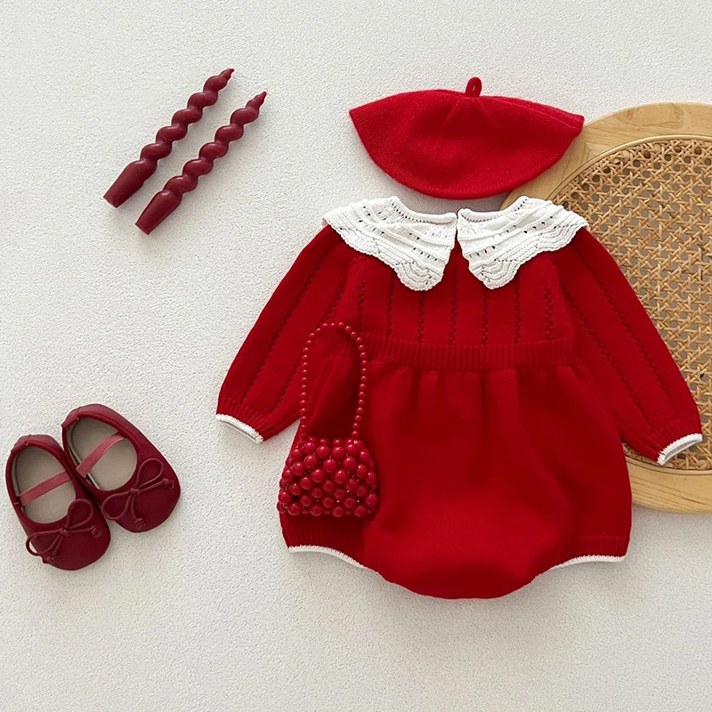 Christmas Knitting Newborn Romper Baby Girl Autumn Red Clothes Cute Long Sleeve Sweater Romper Jumpsuit Casual Newborn Outfits