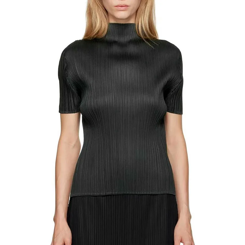 ISSEY Basic Classic Style Ruffled Half-Neck Solid Color Slim-Fitting Short-Sleeved Shirt T-Shirt