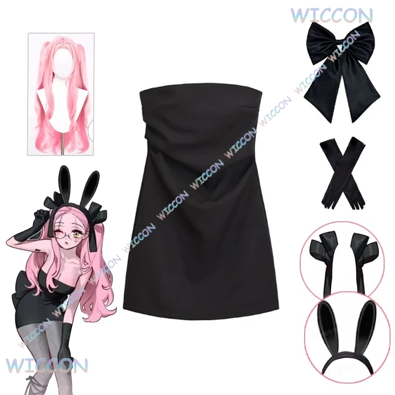 

Anime Alien Stage Cosplay 3th Anniversary Mizi Cosplay Black Evening Dress Wig Pink Wig Mizi Coffee Maid Women Hallowen Roleplay