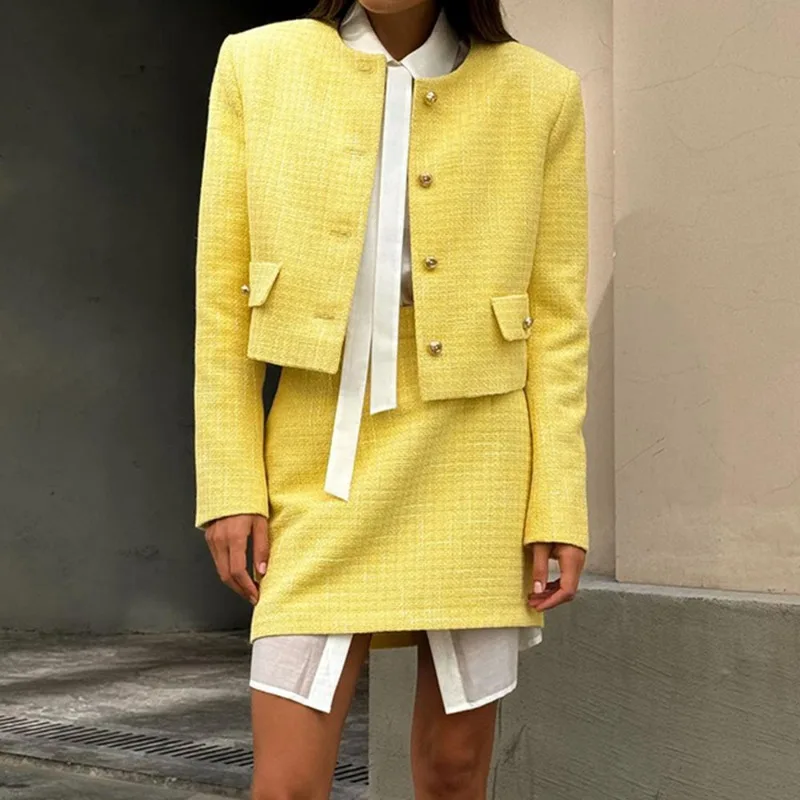 Talenza Women's Tweed Jacket Skirt Set Elegant Long Sleeve Buttoned Short Jacket A-Line Mini Skirt 2-Piece Office Suit for Women