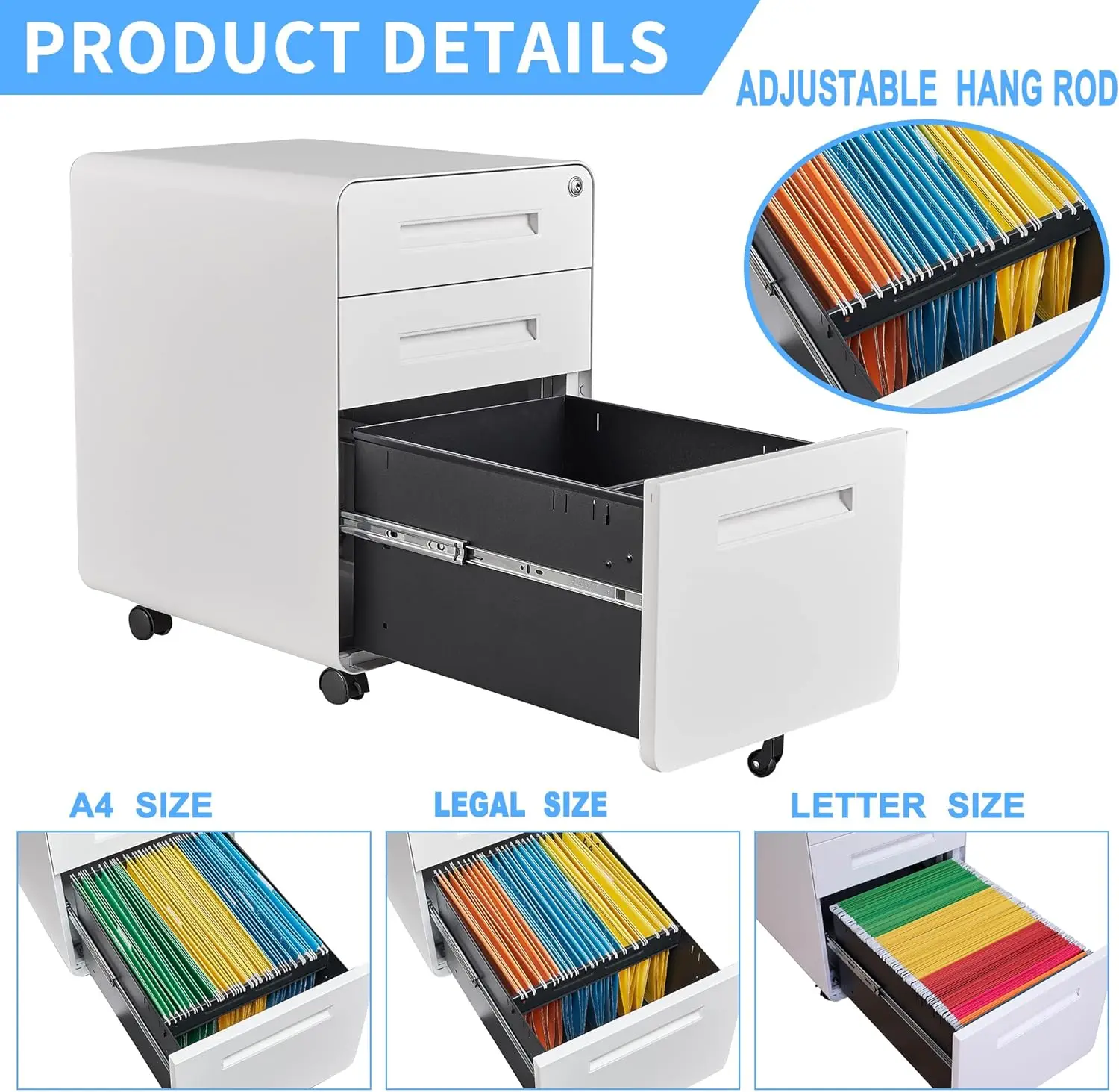 White 3-Drawer Lockable Mobile File Cabinet for Home Office Desk Storage