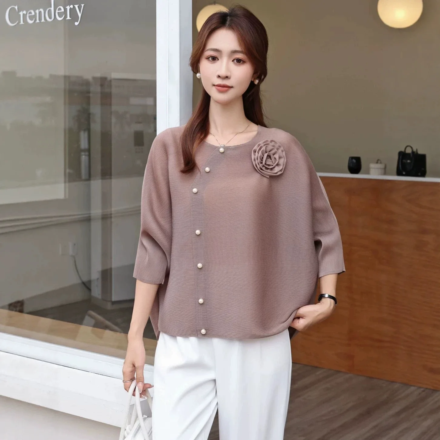 Miyake Pleated Tops for Women 2026 Summer New Fashion Temperament Age-reducing Loose Mid-sleeve Round Neck Pullover T-shirt