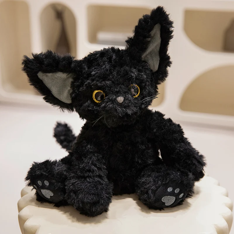 Niedliches schwarzes Katzen-Plüschtier, Kawaii Khaki lockige schwarze Katze, Langhaar-Puppe, Stofftier, festliche Geschenke für Kindergeburtstage