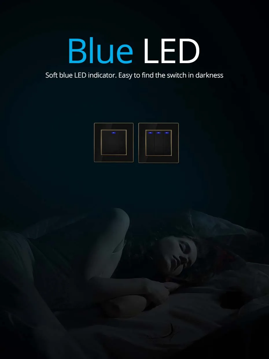 Wallpad EU-Steckdose mit USB, schwarzes Acryl-Panel mit goldenem Rand, 2-Wege-Wandlichtschalter mit LED-Bewegungssensor – Detail 7