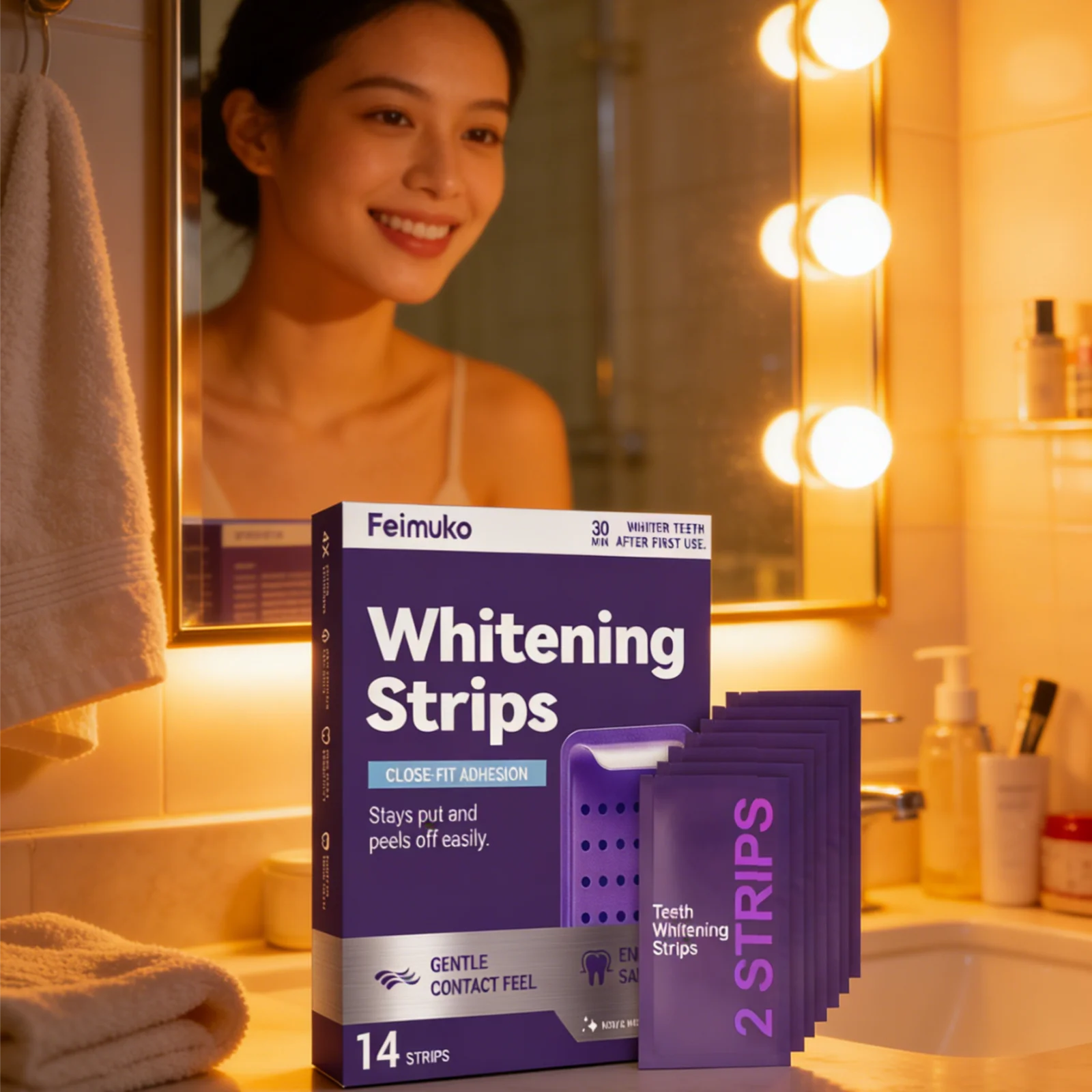 Feimuko Teeth Whitening Strips Sensitive Teeth Friendly Remove Stains Individually Packaged Enamel Safe Teeth Whitener 14 Strips