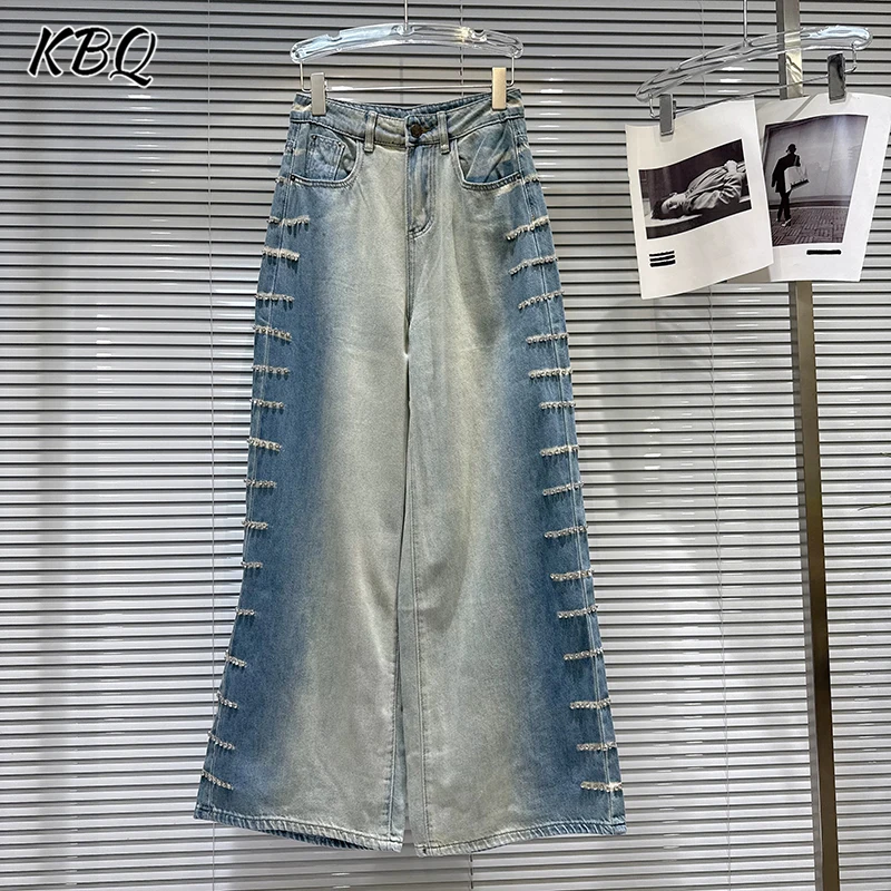 Spodnie damskie KBQ z efektem łączenia kolorów, zdobione diamentami, z wysokim stanem, o luźnym kroju, z gradientem, szerokie nogawki, styl jeansowy, modny styl damski.