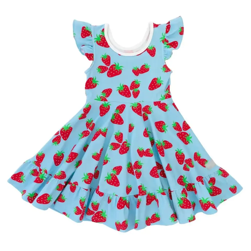 

Spring Summer Strawberry Prints Baby Girls Chlidren Kids Clothing Milk Silk Floral Twirl Dress Knee Length Long Sleeve