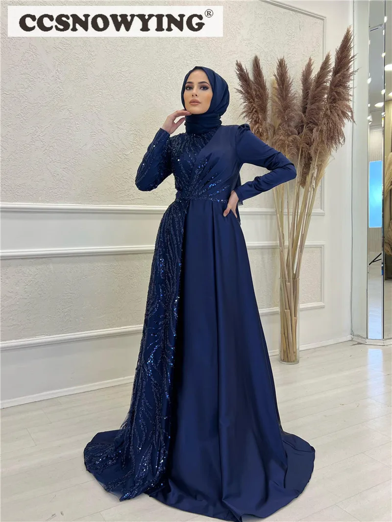 

Satin Appliques Hijab Muslim Evening Dresses Long Sleeve Islamic Formal Party Gowns High Neck Arabic Kaftan Robes De Soirée