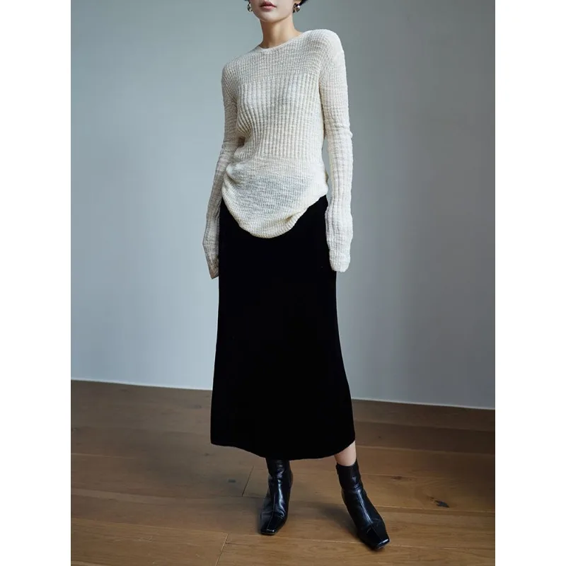 طويل من الأمام وقصير الظهر كبير تمتد حفرة الشريط محبوك مزاجه قاع قميص جولة الرقبة طويلة الأكمام تنوعا السترة #5