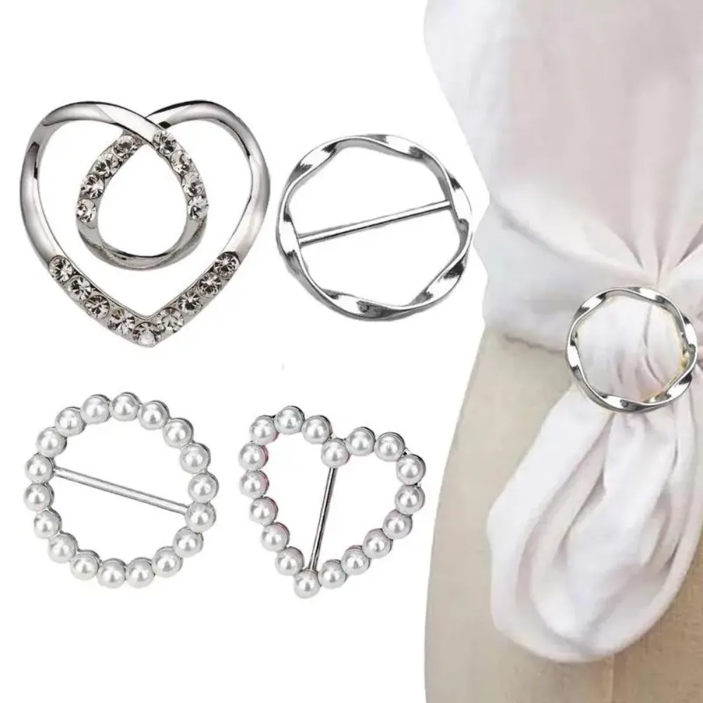 4pcs Metal Ring Knotted Brooches Scarf Button T Shirt Hem Fixed Buckle Fashion Decor for Women Girl Clothing Accessory