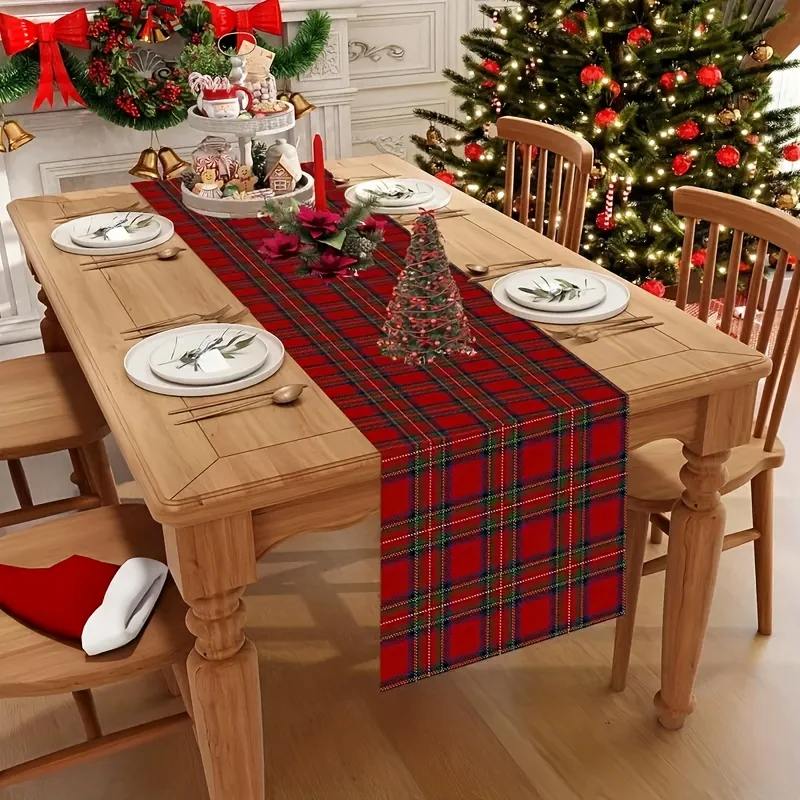 Tischläufer mit schottischem Rot und Schwarz mit Schottenkaro |   Langlebiges Leinen |   Elegante Winterurlaubsdekoration für Weihnachten, Esszimmerzubehör
