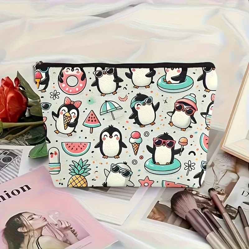1 Piece Penguin Playing in Summer Makeup Bag - Women's Multifunctional Zipper Pouch, Perfect Travel Zipper Organizer, Fun Birthday Gift