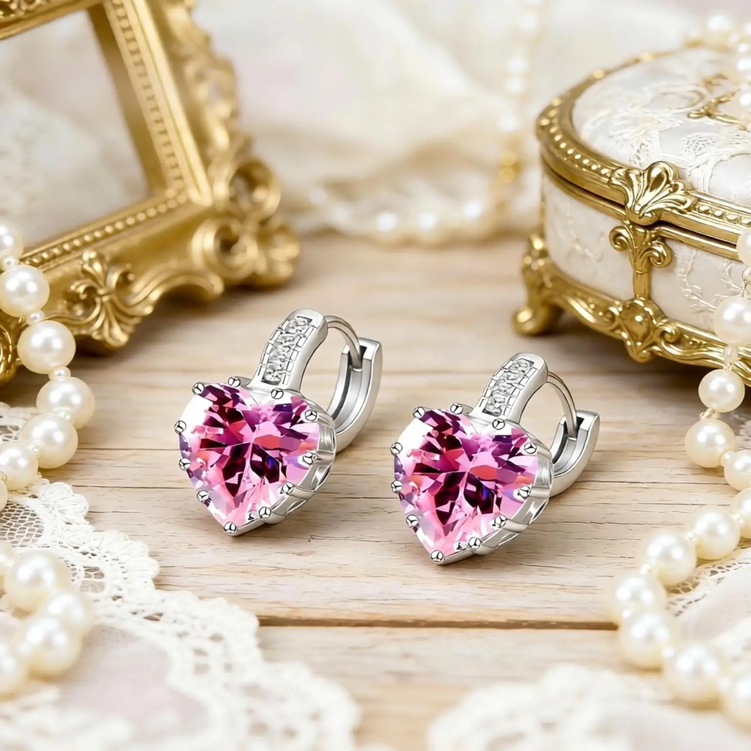 Romantic 925 Sterling Silver Lover Heart Crystal Zircon Lever Back Hoop Earrings for Women Girls Wedding Party Nice Jewelry Gift