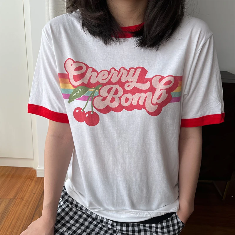 Vintage Cherry Bomb Printing Ringer Tees Short Sleeve Loose Cotton 80s 90s T Shirts Women Crewneck Ins Fashion Aesthetic Shirts