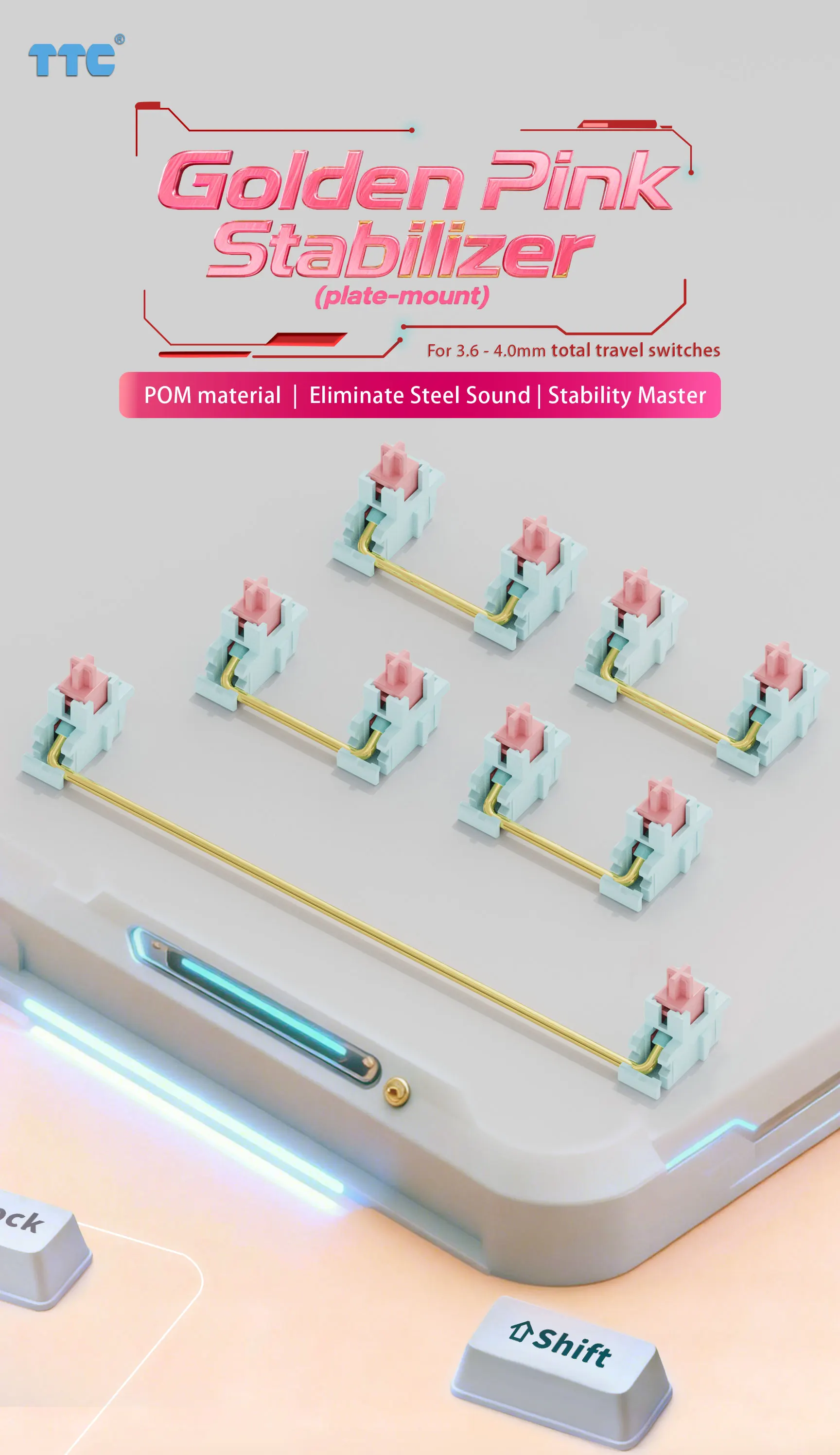 TTC Golden Pink Plate Mount Stabilizer, Keyboard Stabilizer 2u 6.25u (4+1PCS)-for total travel 3.6mm to 4mm