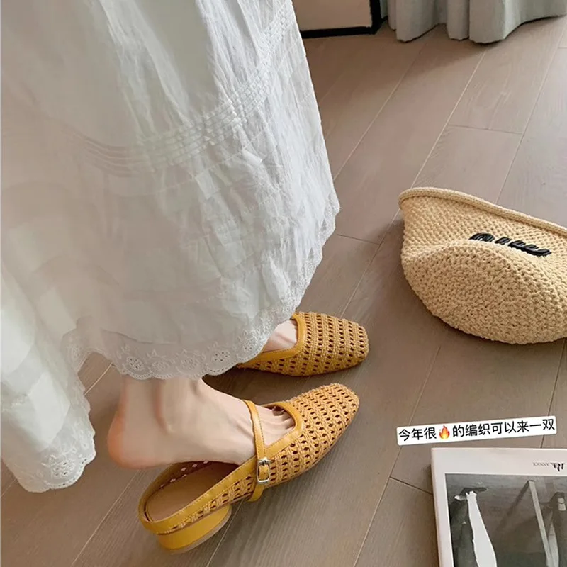 TOPHQWS Retro Woven Hollow Women Heeled Sandals Summer 2025 Slip On Outdoor Slippers Elegant One-Strap Chunky Heel Sandals