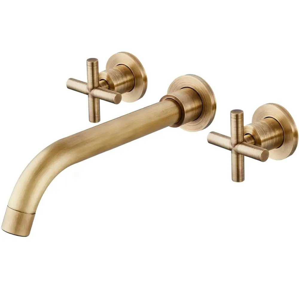 Classic Brass Wall Mounted Bathroom Sink Faucet Double Handle 3 Hole Widespread Vanity Mixer Tap with Rough Valve Dual Cross