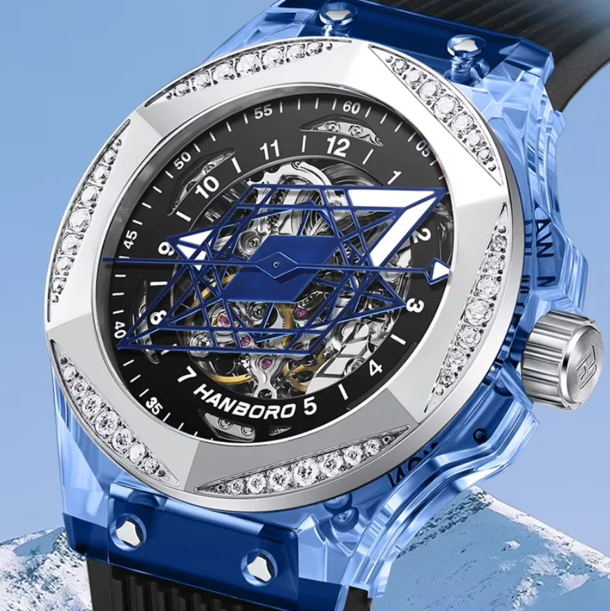 HANBORO Men Automatic Watch 42mm Mechanical Wristwatch Acrylic Case 50m Waterproof Luminous Sapphire Mirror Skeleton Dial