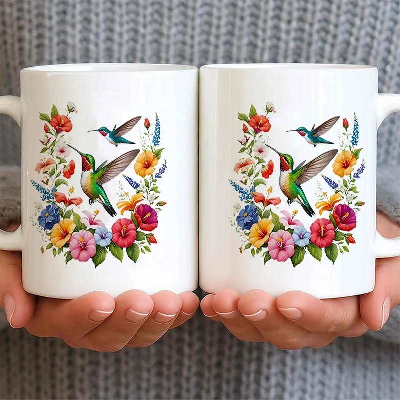 Hummingbird Floral Colorful Print Ceramic Coffee Mug 11oz 350ml Personalized Custom Cute Aesthetic Microwave Safe Birthday Gift
