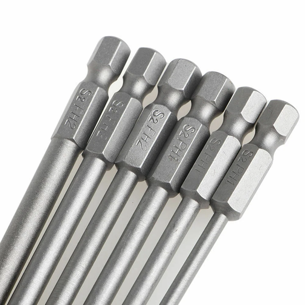 6Pcs Magnetic Screwdriver Bits Set 50/75/100mm Long Shank Screw Driver Cross Head 1/4inch Electric Drill Bit
