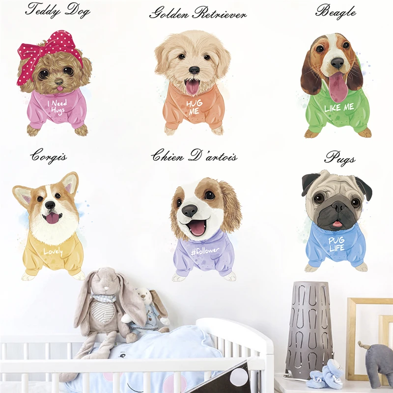 Cute Pugs Beagle Corgis Dogs Wall Stickers For Kids Bedroom Home Decor Diy Cartoon Animals Mural Art Pvc Decal Pet Poster