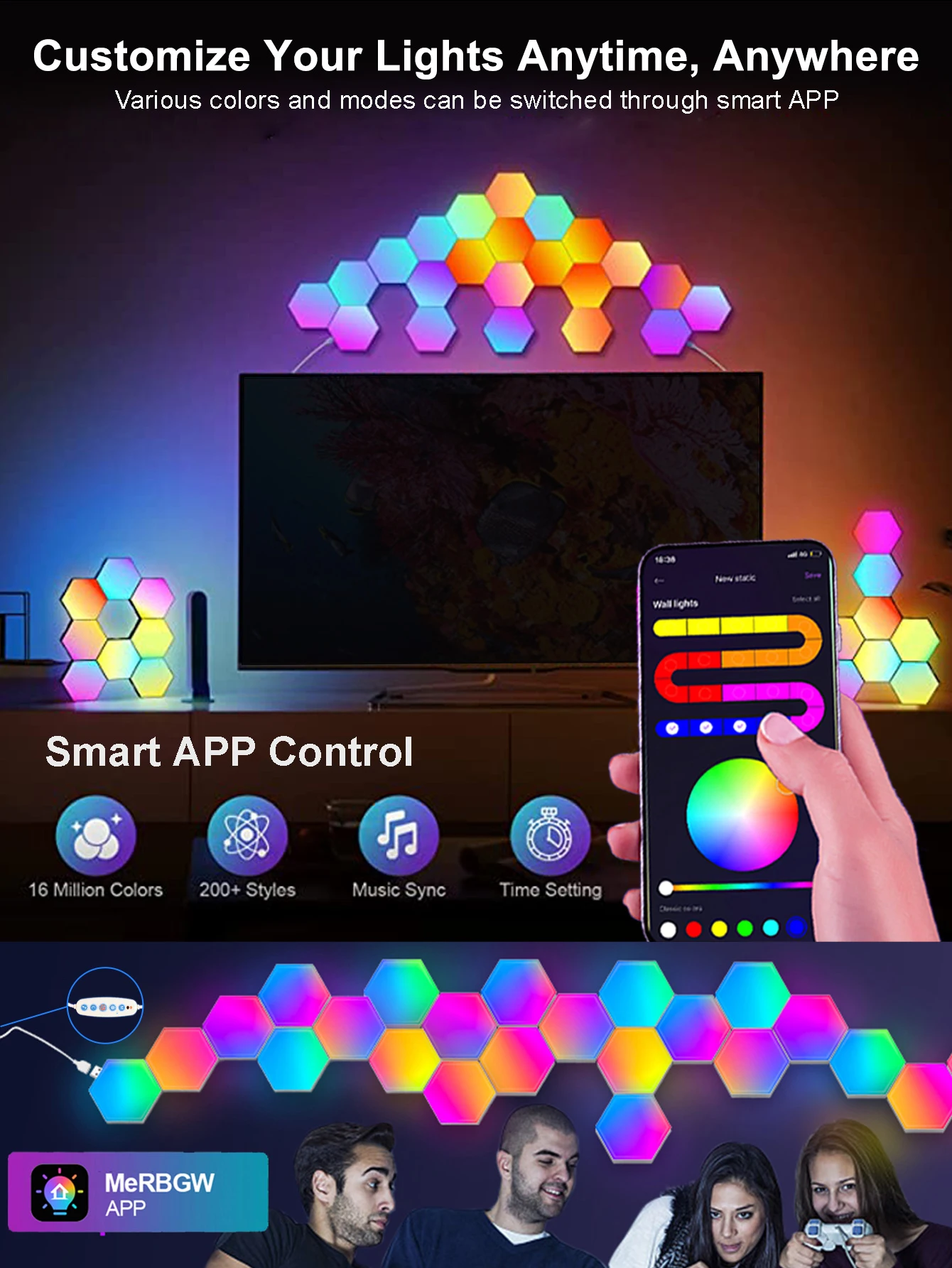 Fivemi RGB Smart Hexagonal Wall Lamp Color Changing Ambient Night Light Hexagonal DYI Music Rhythm APP Control Game Room Bedroom