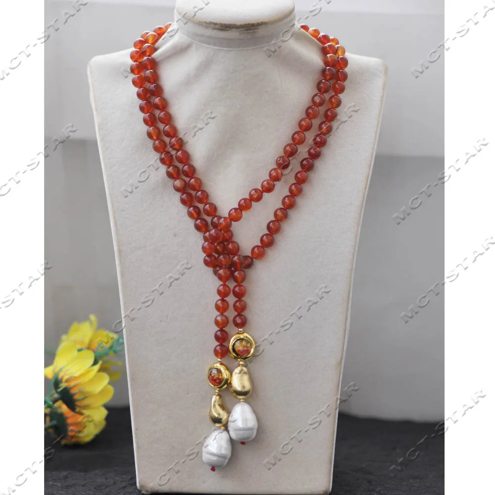 Z14506 44'' 22mm Natural Red Round Agate Necklace Golden Gourd Flame Coloured Glaze Shell Pearl Pendant