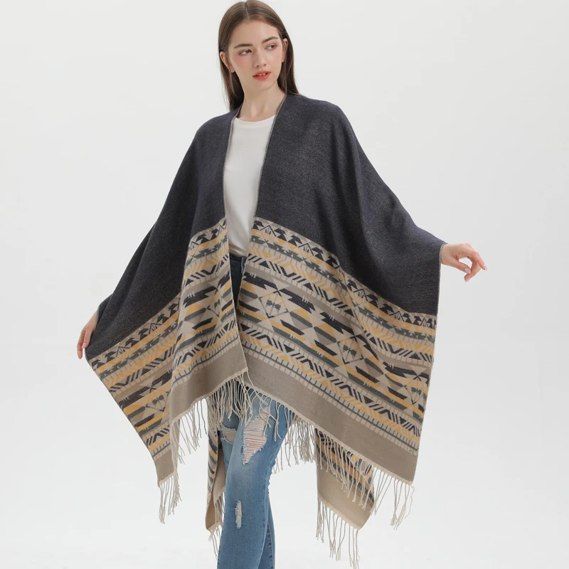 Double Sides Imitate Cashmere Split Cape Shawl Long Leisure Travel Cardigan Wraps Cloak Mantle Women Autumn Winter Gifts