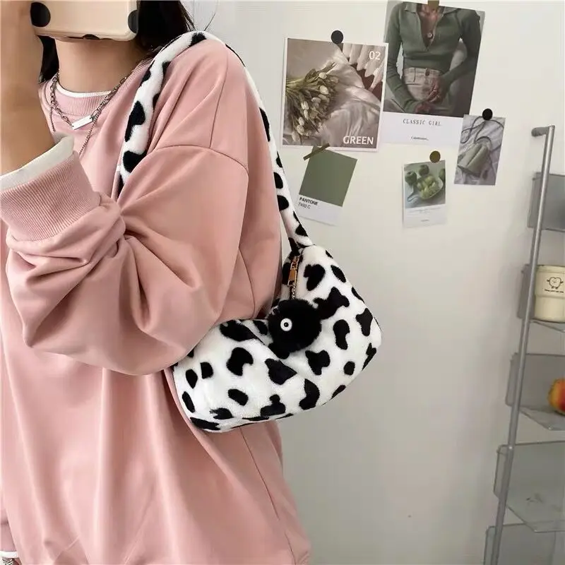 Bolsas fofas estampa de vaca para mulheres, padrão zebra macio, bolsa de ombro de viagem, bolsas axilas femininas, designer quente, inverno