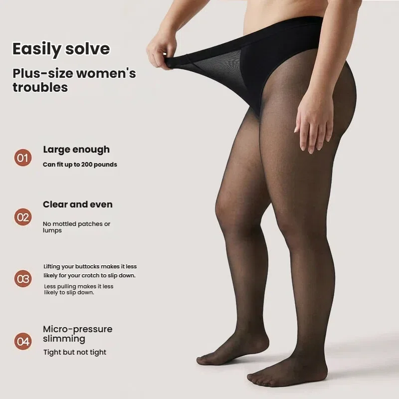 Plus Size Women's Tights Sheer Opaque Solid Color Bikini Briefs Crotch Pantyhose Anti-Slip No Fall DownSeamless Stockings