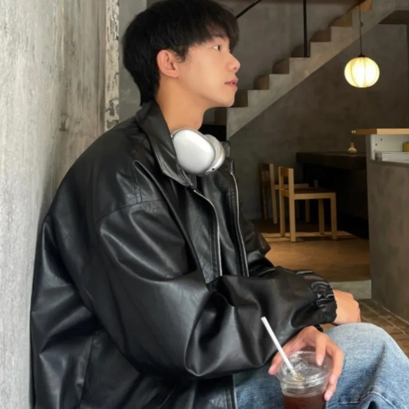 Autumn Vintage PU Leather Jacket Men Solid Collar Turn-down Collar Jackets Mens Biker Fashion Motorcycle Causal Coat 5XL-M