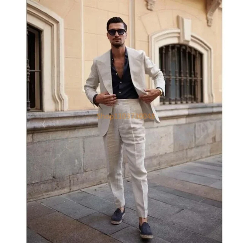 Beige Linen Men Suits Peak Lapel Slim Fit Jacket Summer Groom Tuxedos 2 Piece Blazer Pants Sets Wedding Prom Party Costume Homme