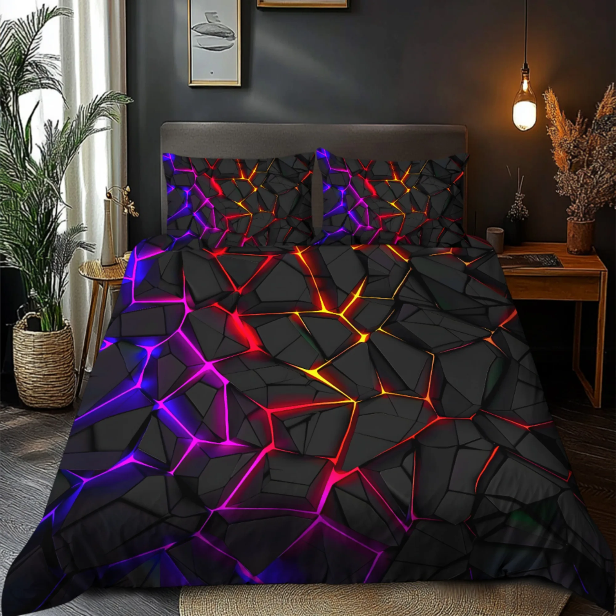 Digital Printing Duvet Cover Set, Pattern of Colorful Light Shining Through Black Rocks, It Uses a 3D Ultra-Soft Brushed, 3Pcs